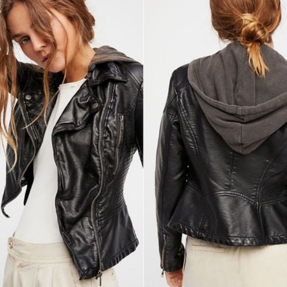 Free People Jackets & Blazers - Free People Hooded Vegan Faux Leather Moto Jacket NWT Size Large 12